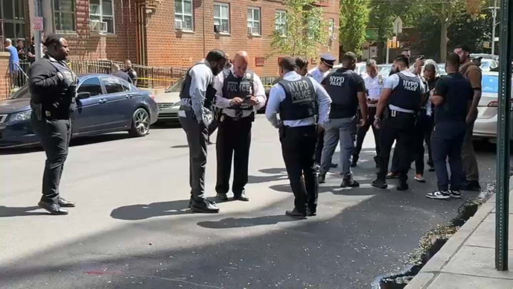 Police officers, writing reports following bronx shootings. 